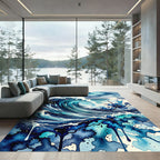 Abstract Navy Ocean Wave Floral Ink Rug