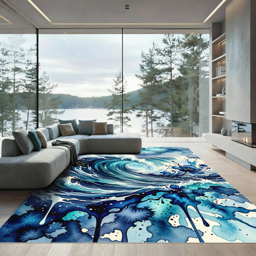 Abstract Navy Ocean Wave Floral Ink Rug