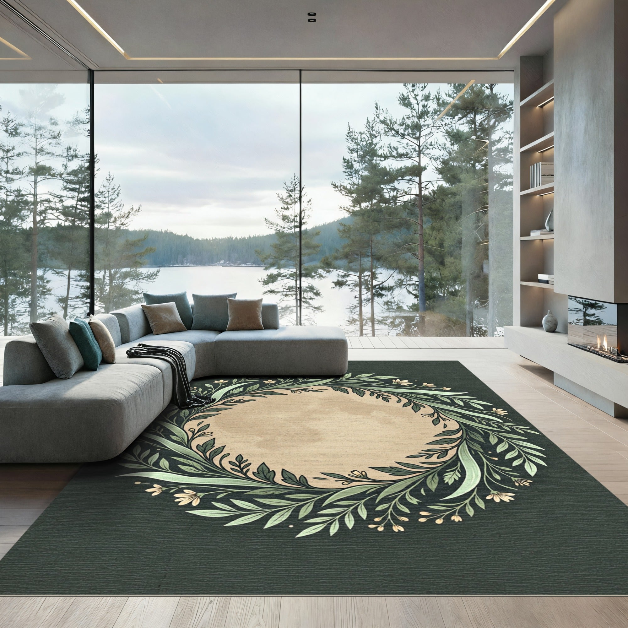Green Floral Wreath Botanical Frame Rug