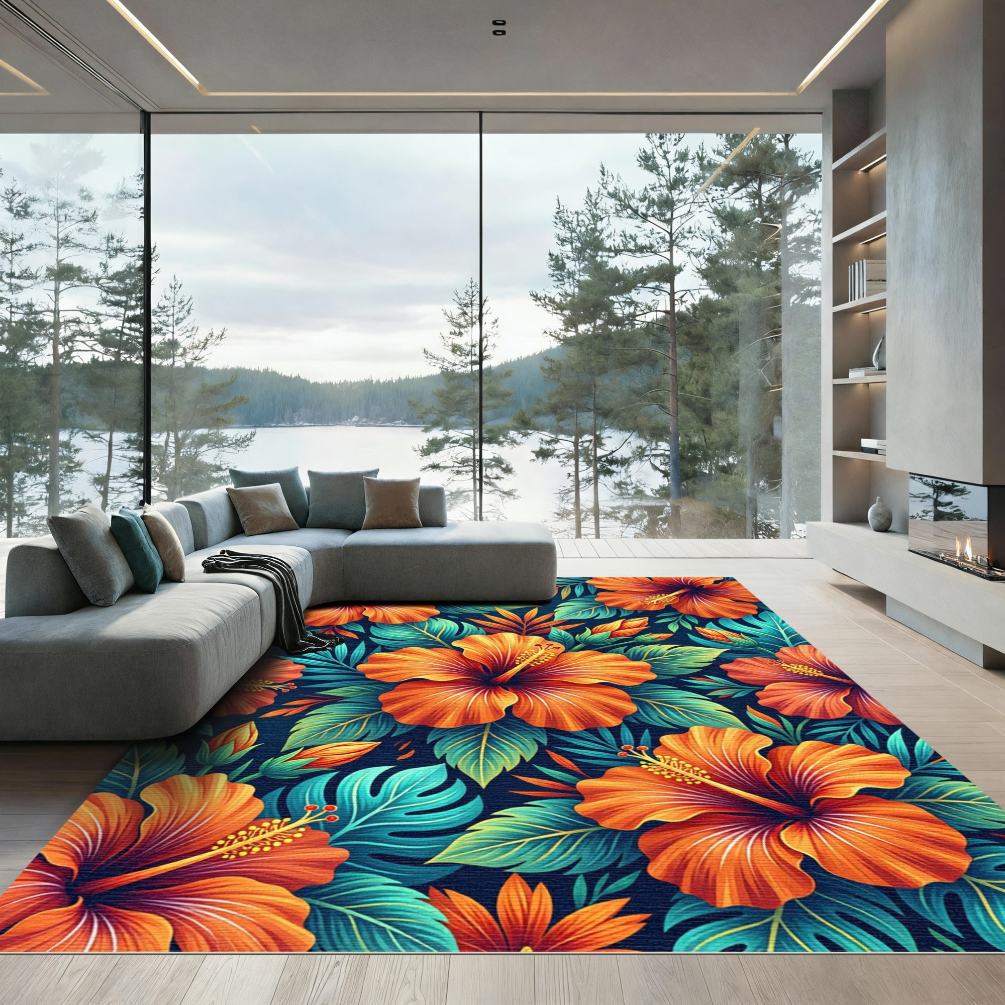 Vibrant Orange Hibiscus Tropical Floral Rug
