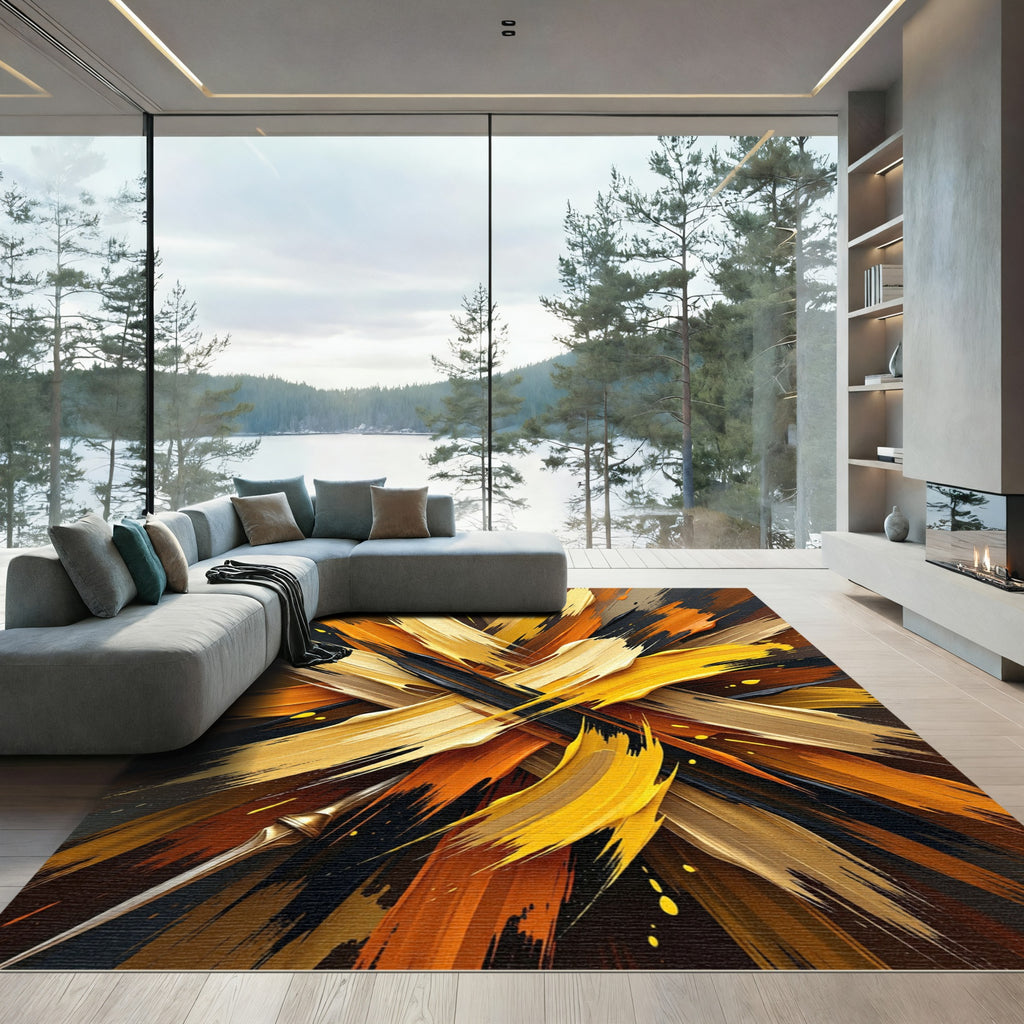Golden Black Abstract Fluid Brushstroke Rug