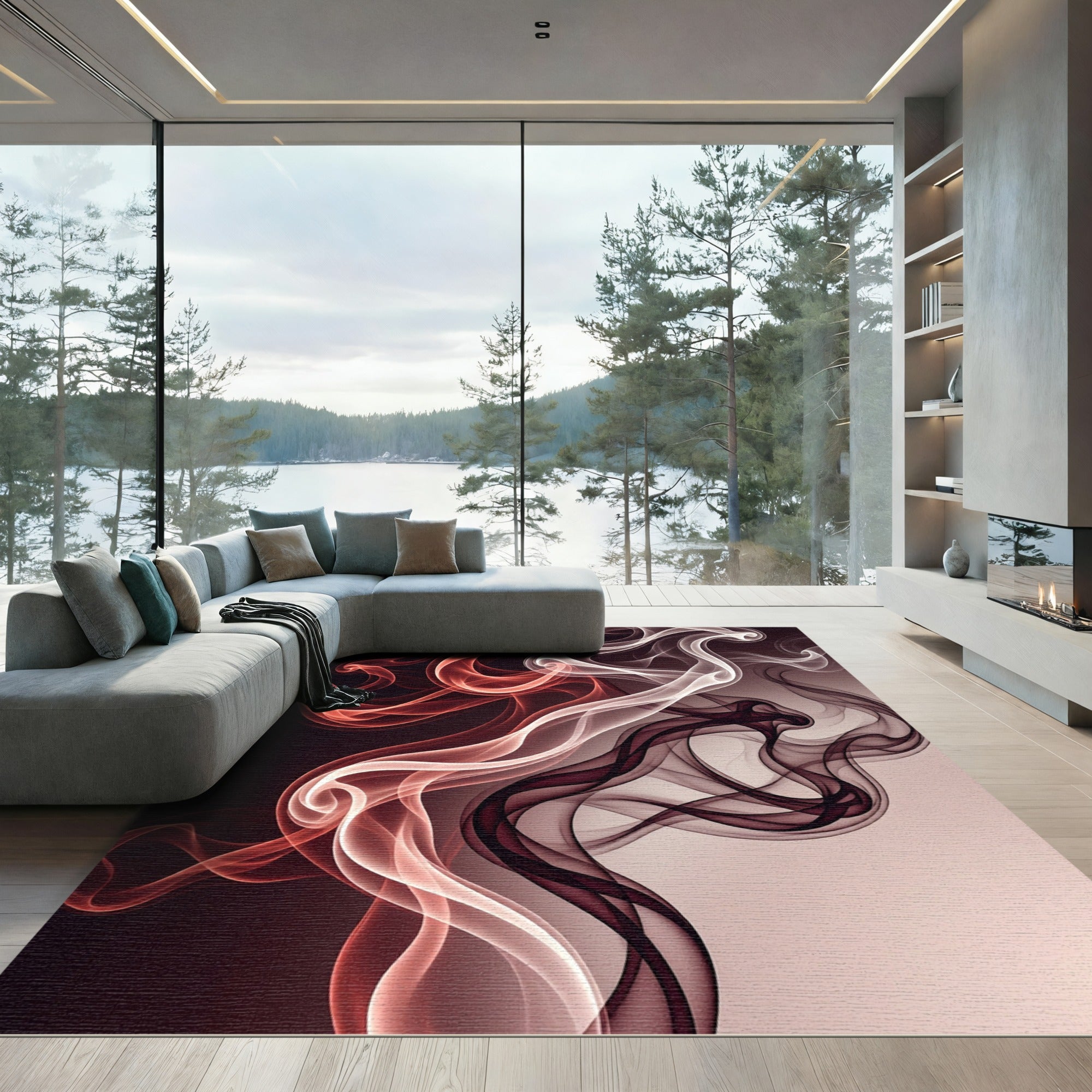 Ethereal Crimson and White Smoke Wave Rug