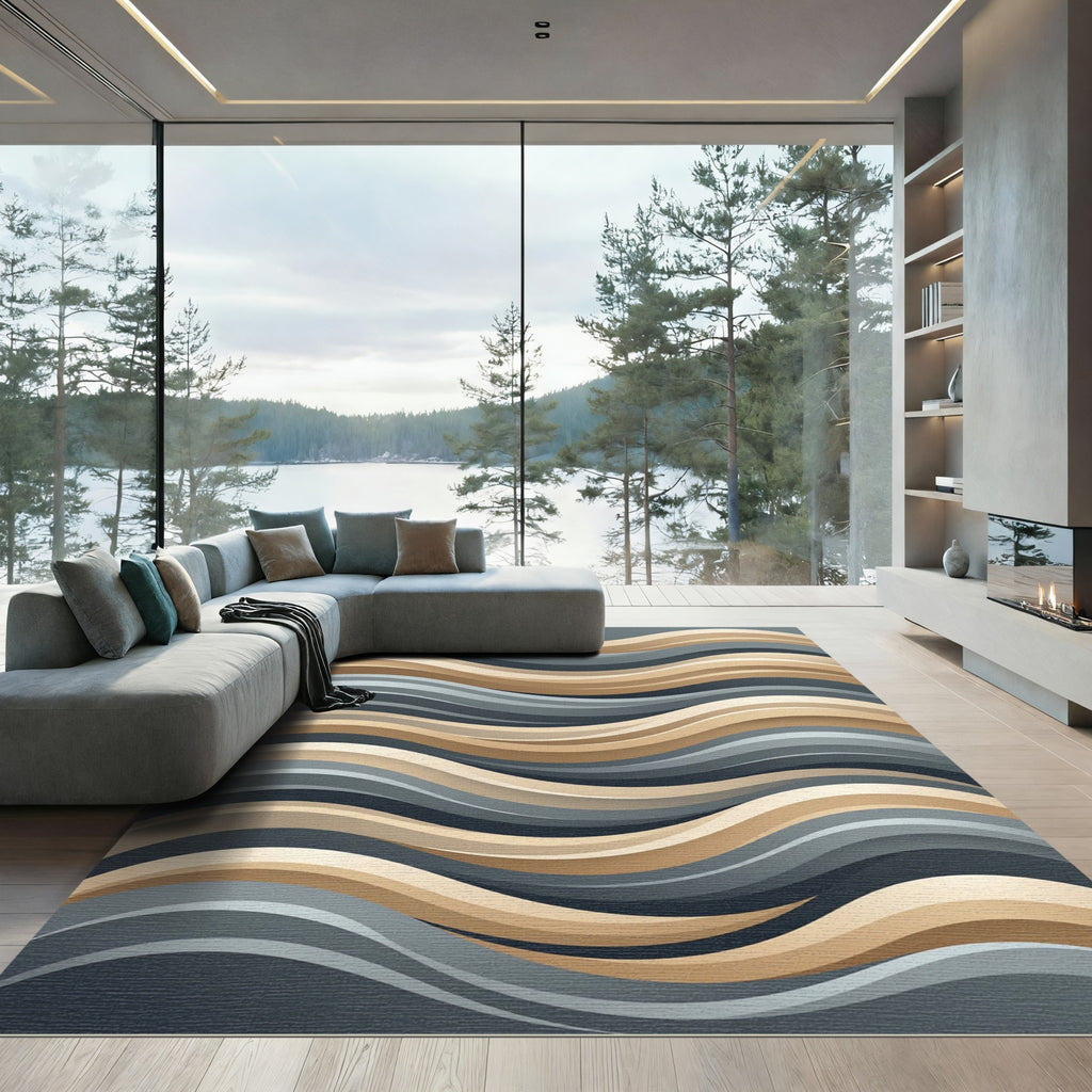 Modern Beige and Gray Wavy Stripe Rug