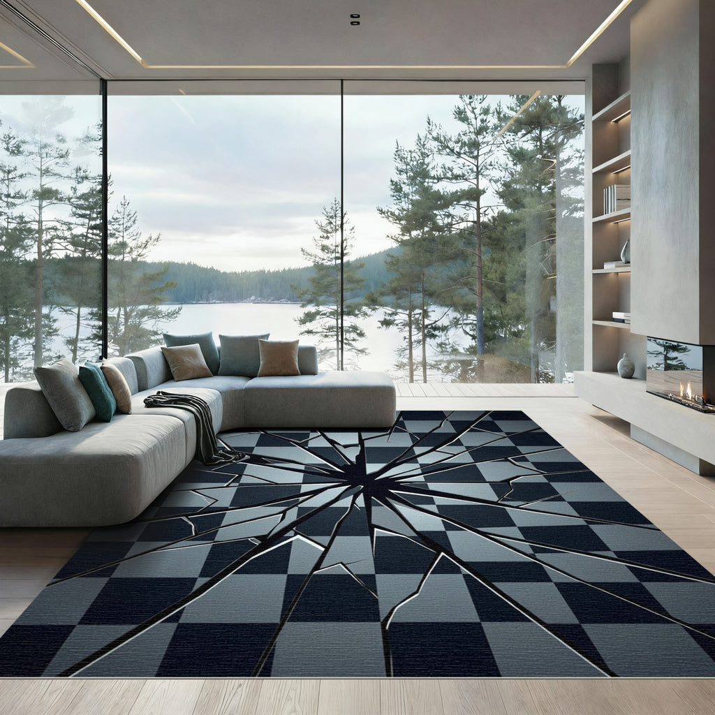 Dark Gray Cracked Checkered Field Rug