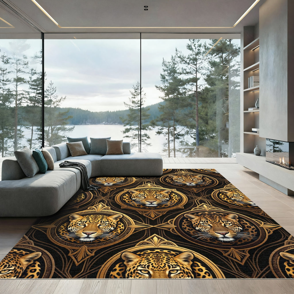 Golden Jaguar Portrait Art Deco Medallion Rug