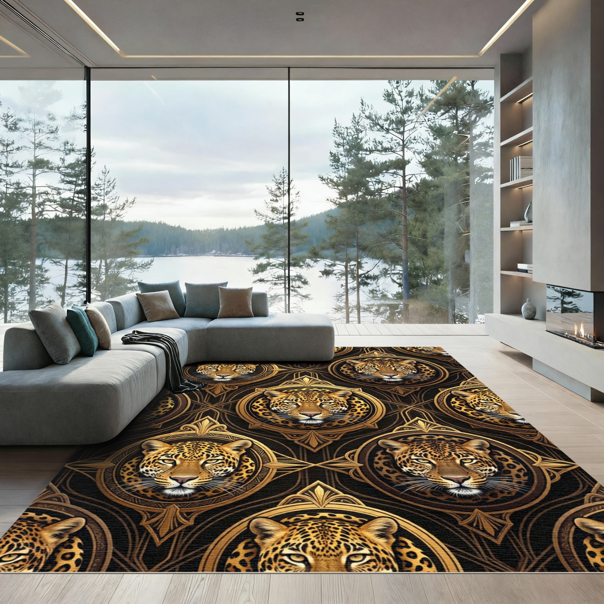 Golden Jaguar Portrait Art Deco Medallion Rug