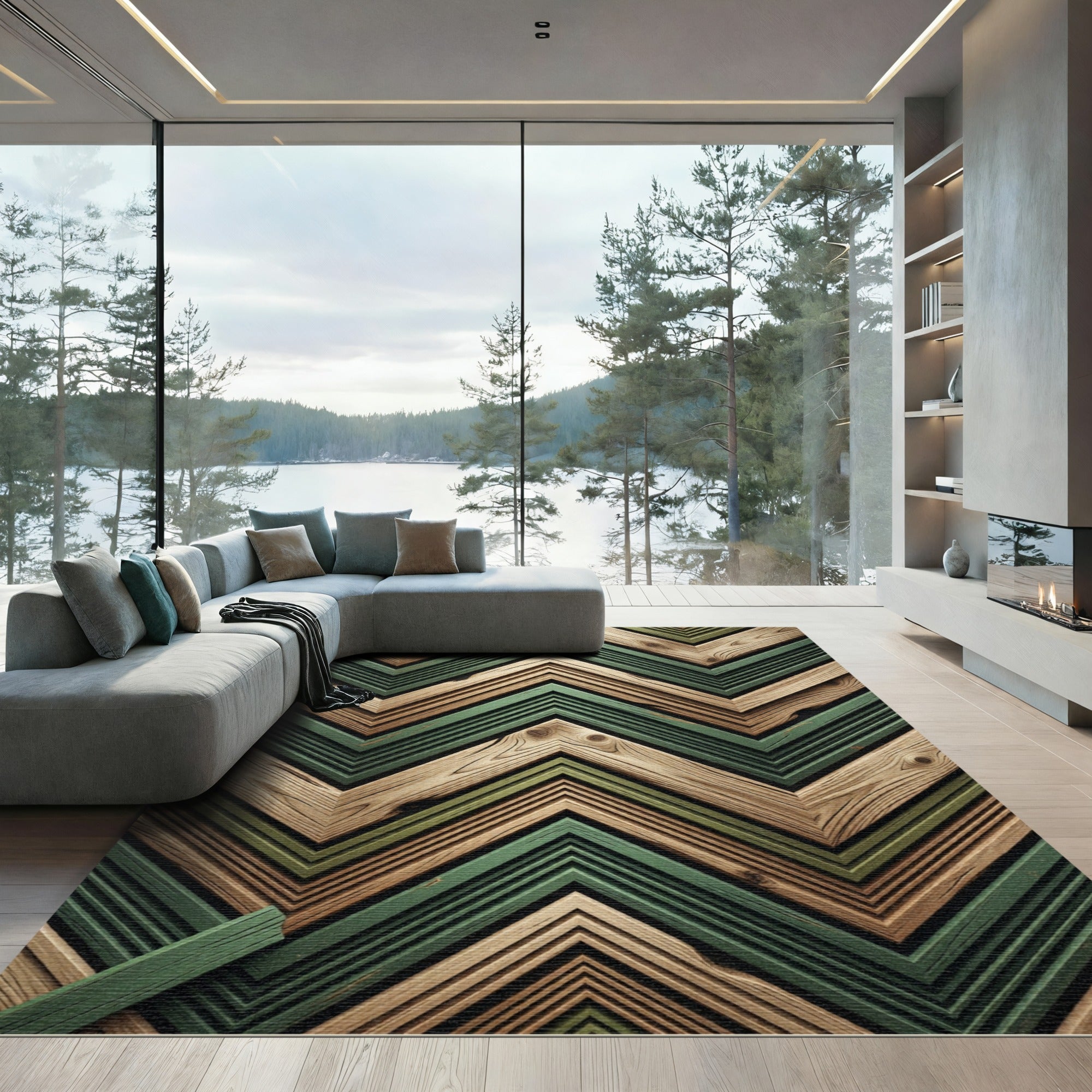 Green Wood Grain Chevron Layers Rug
