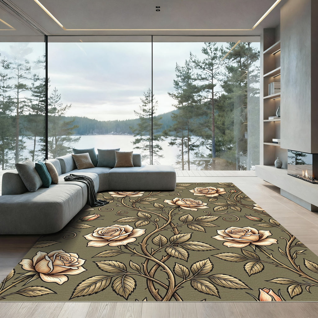Elegant Cream Rose Botanical Olive Vineyard Rug