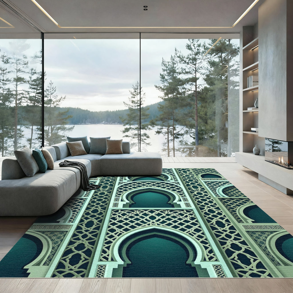 Elegant Teal Arched Geometric Lattice Rug
