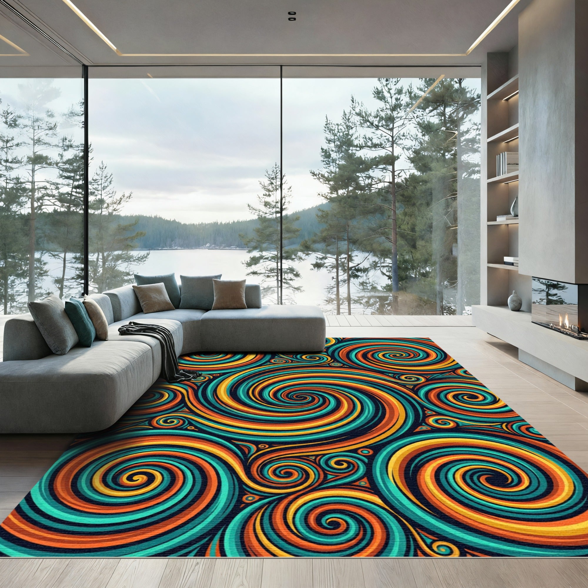 Vibrant Retro Teal and Orange Swirl Rug