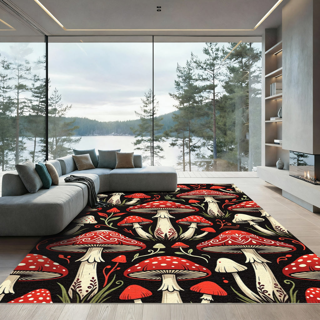 Whimsical Red Mushroom Forest Botanical Rug