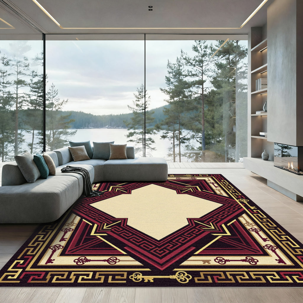 Crimson Gold Geometric Keys Medallion Rug