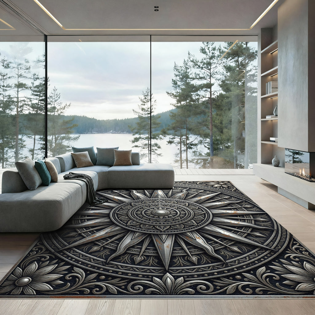 Metallic Silver Ornate Mandala Star Compass Rug