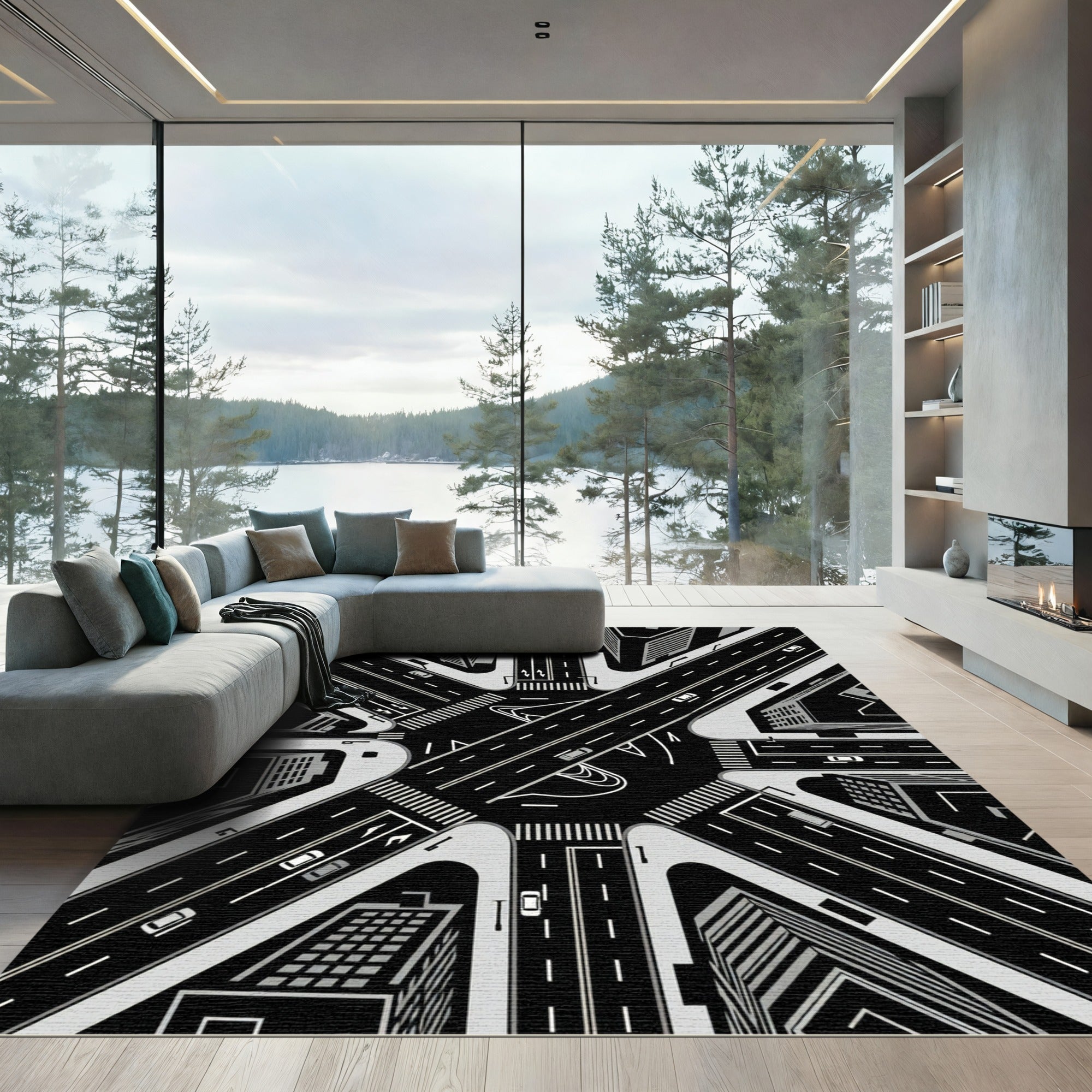 Monochrome Urban Intersection Highway Roads Rug