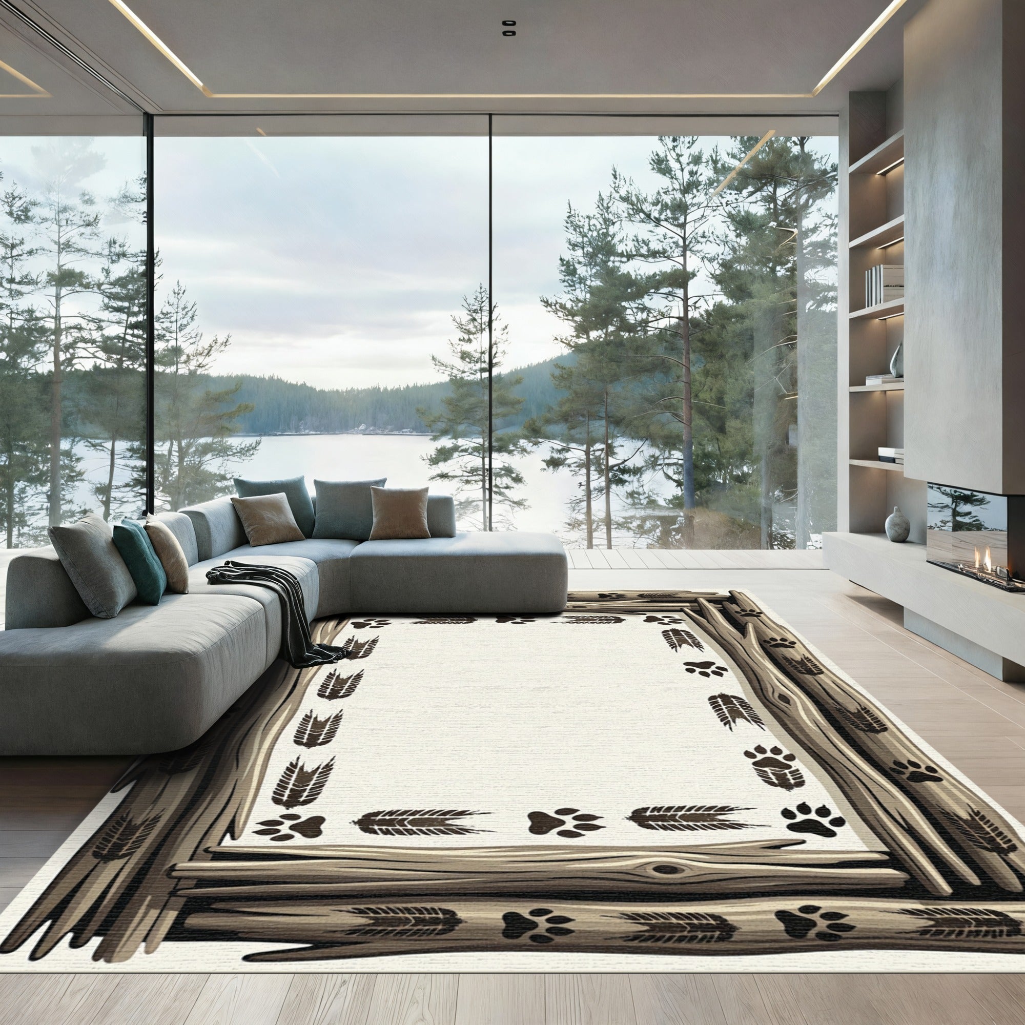 Rustic Timber Branch Paw Track Border Rug