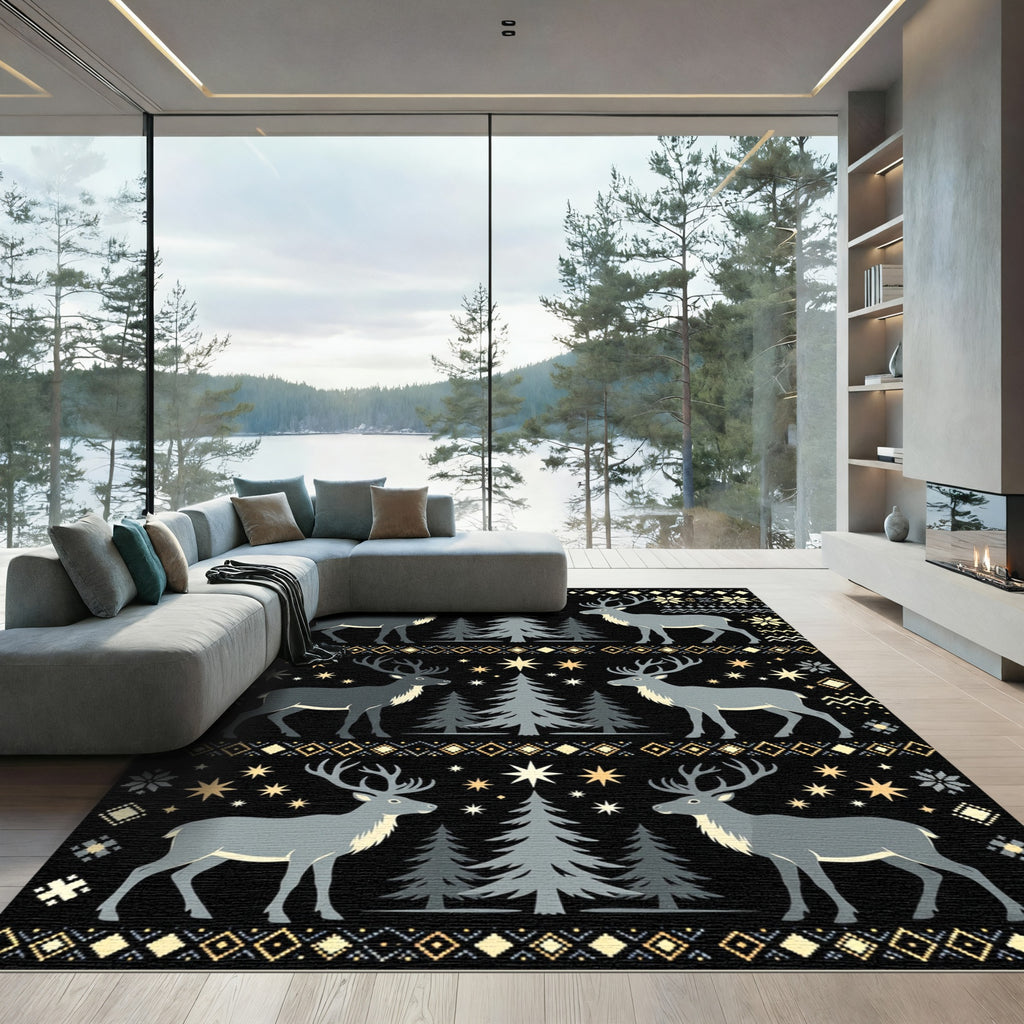Black Christmas Reindeer Forest Scene Rug
