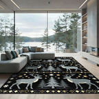 Black Christmas Reindeer Forest Scene Rug