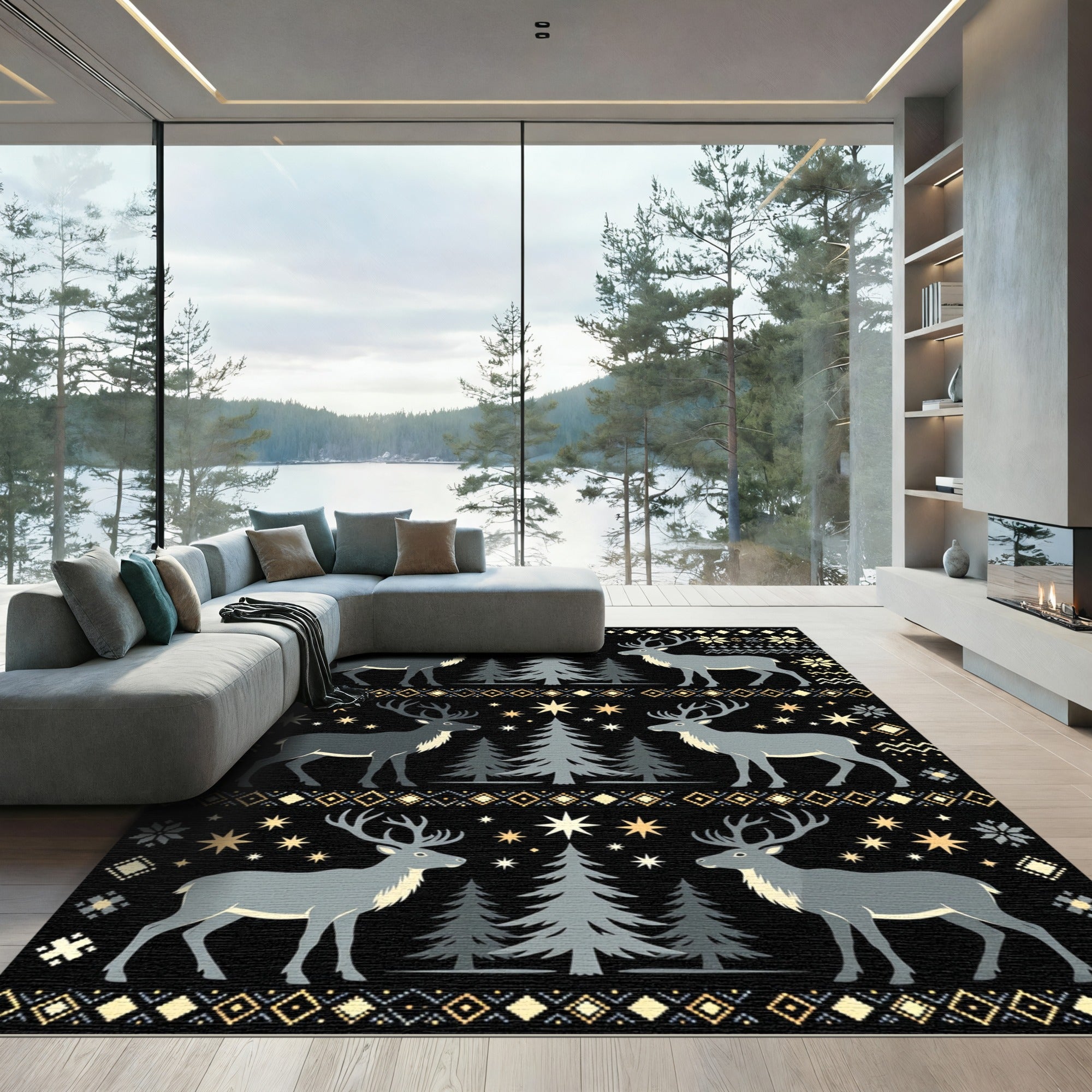 Black Christmas Reindeer Forest Scene Rug