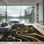 Liquid Black and Gold Abstract Swirl Rug