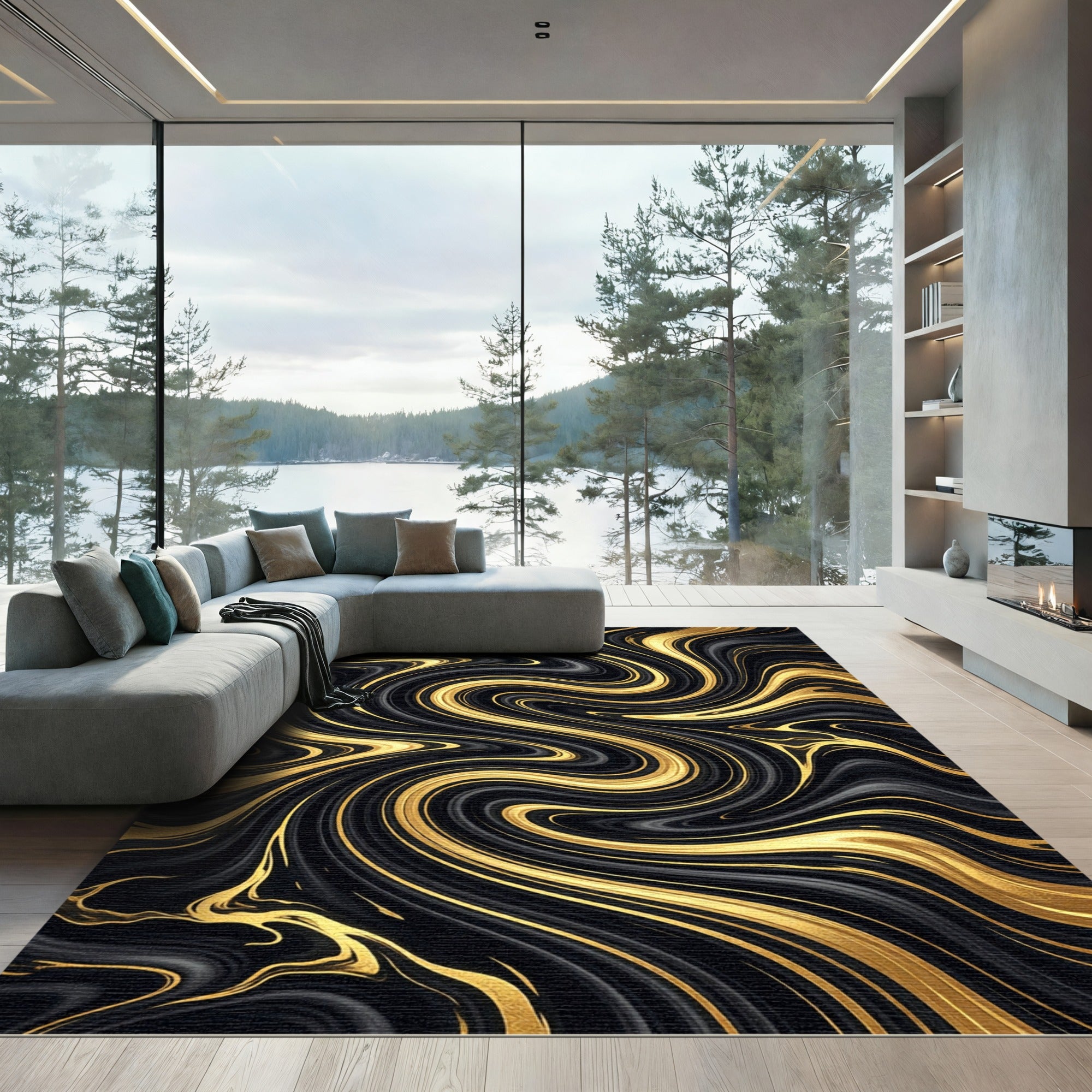 Liquid Black and Gold Abstract Swirl Rug