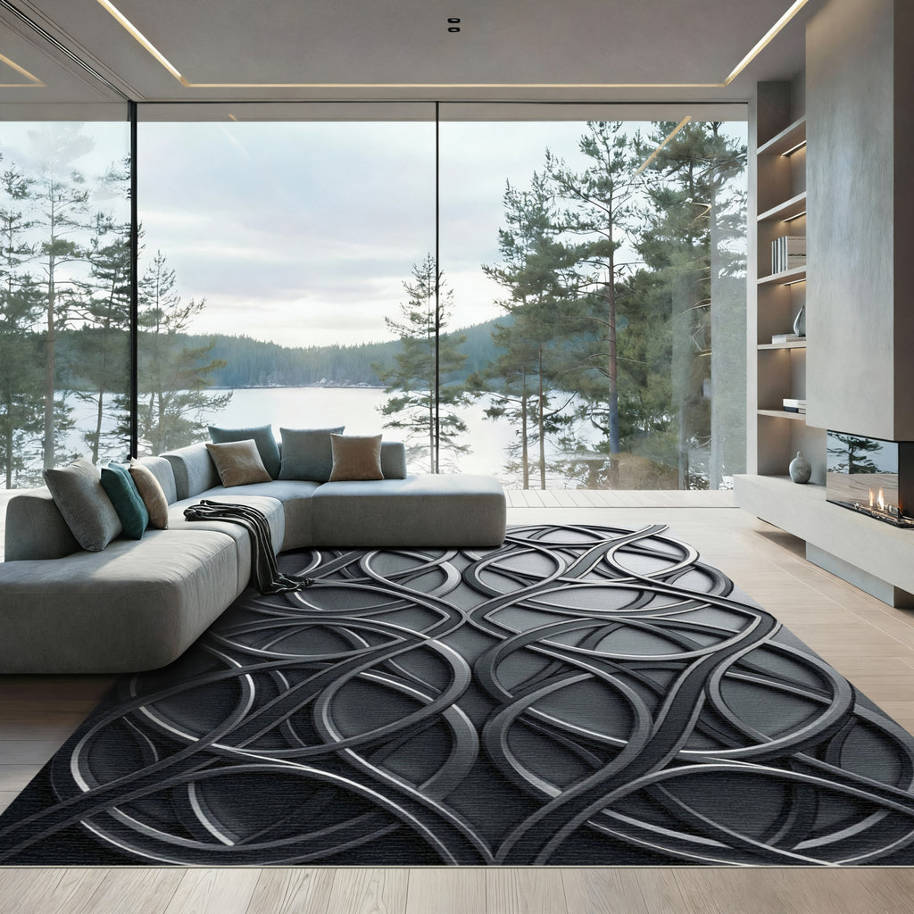 Modern Charcoal Interlocking Circular Swirl Rug