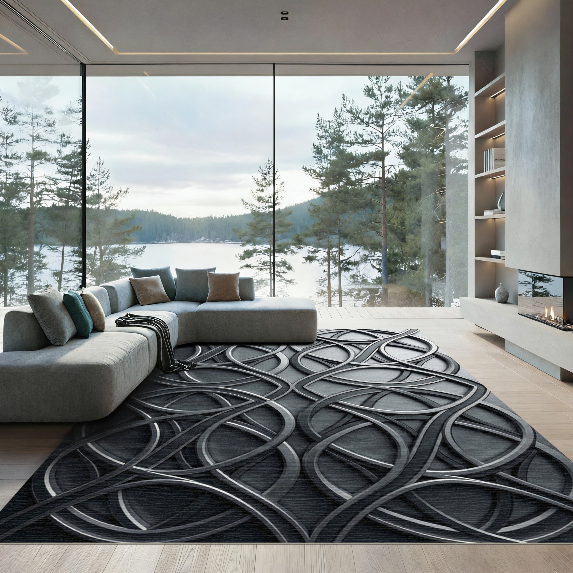 Modern Charcoal Interlocking Circular Swirl Rug