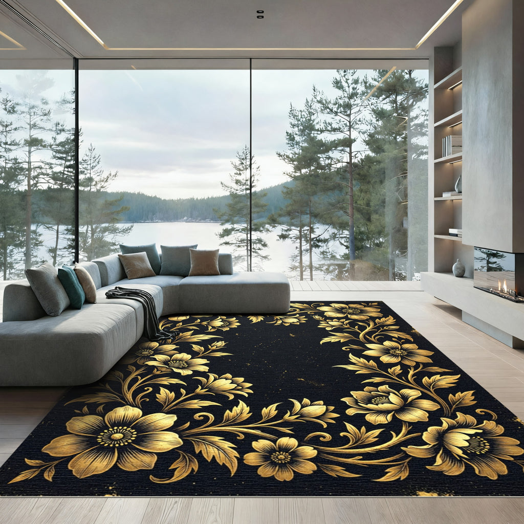 Elegant Golden Floral Flourish Black Frame Rug