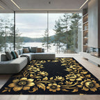 Elegant Golden Floral Flourish Black Frame Rug