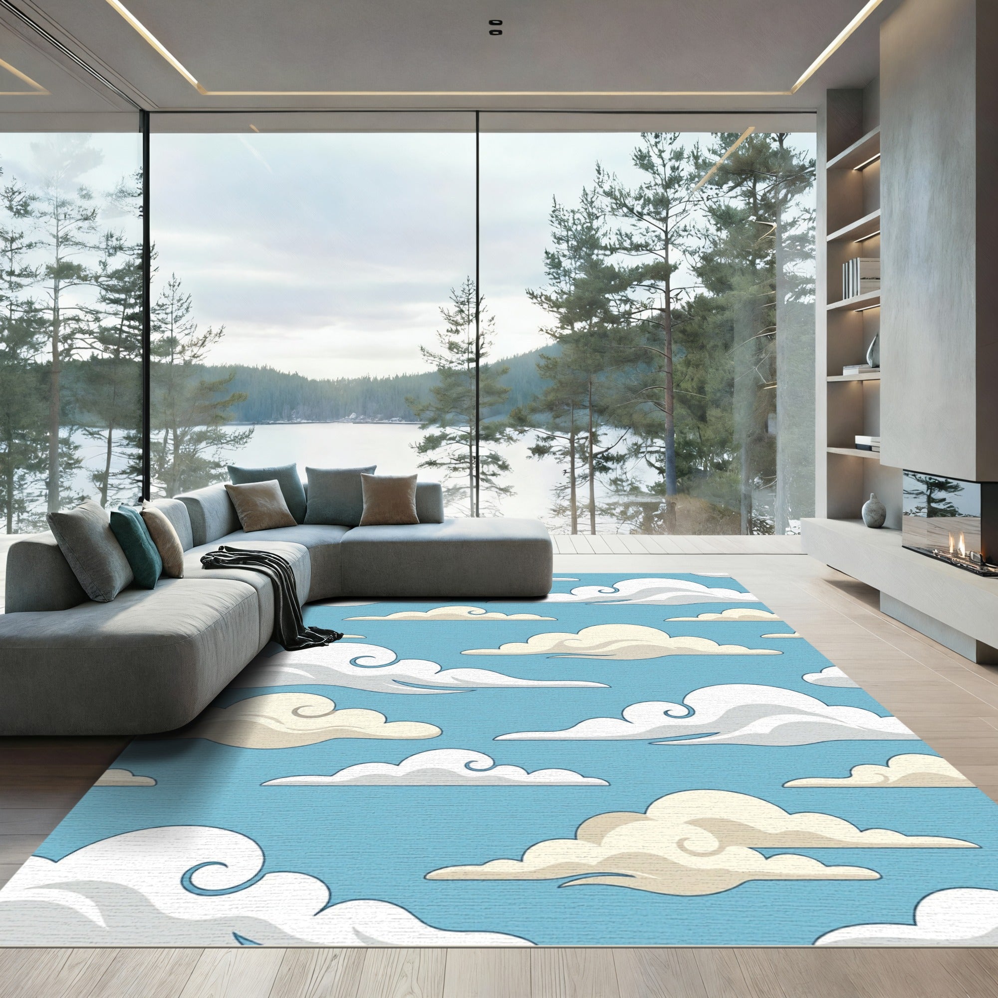 Whimsical Sky Blue Cloud Swirls Rug