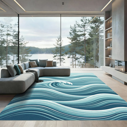 Abstract Ocean Wave Blue Swirl Rug