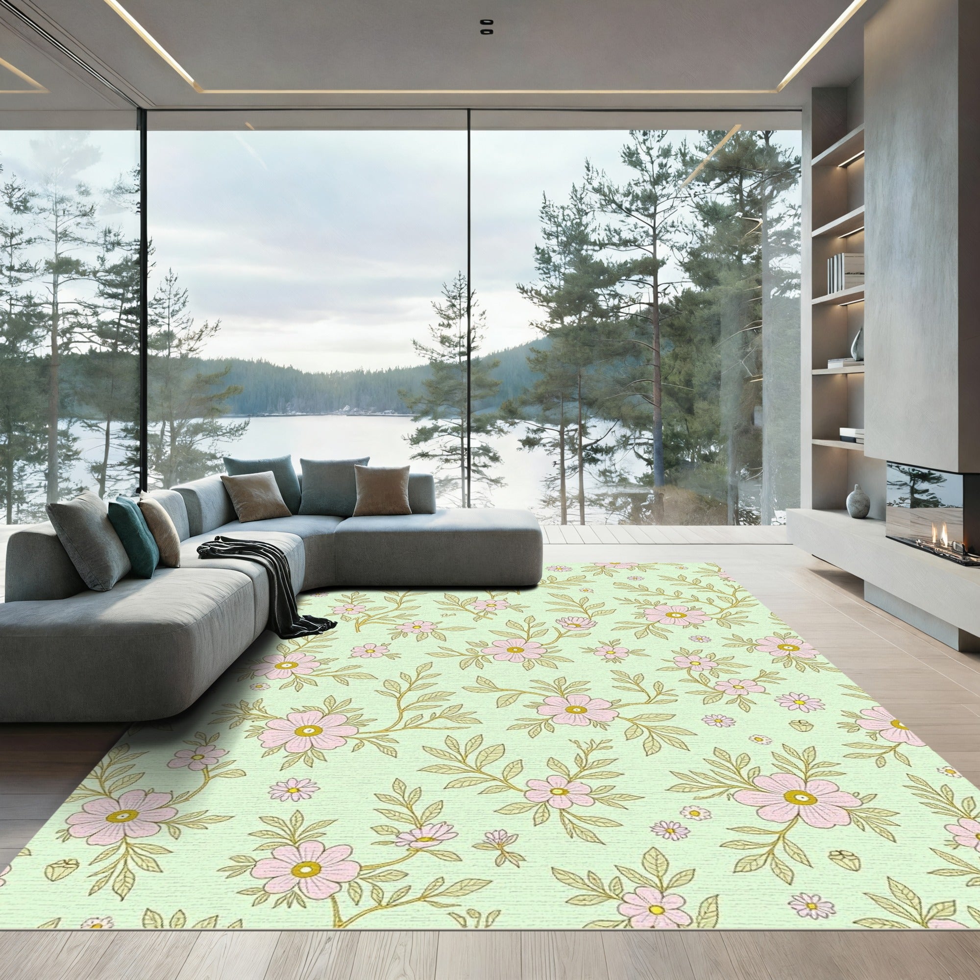 Pastel Pink Blossom Branch Pattern Rug