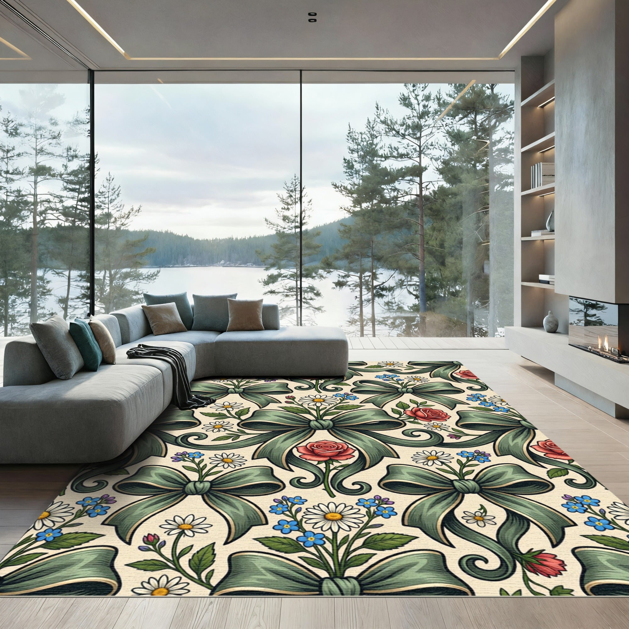 Sage Ribbon Rose and Daisy Floral Rug