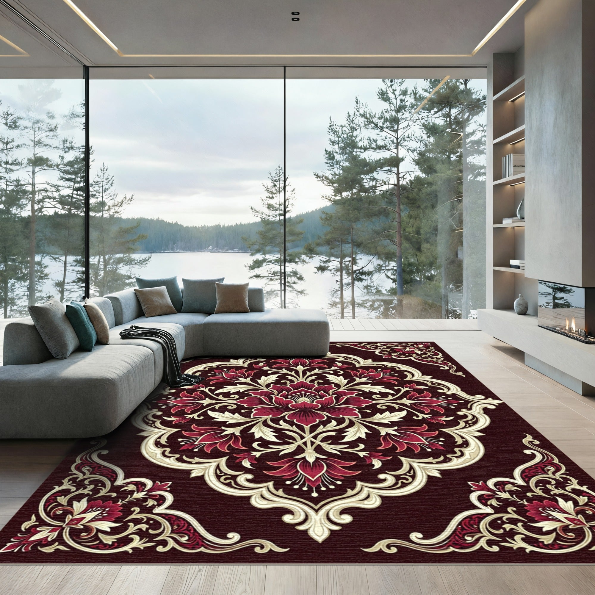 Elegant Crimson Floral Art Nouveau Arrangement Rug