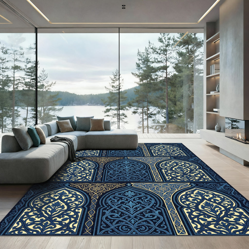 Ornate Midnight Blue Filigree Arch Tapestry Rug
