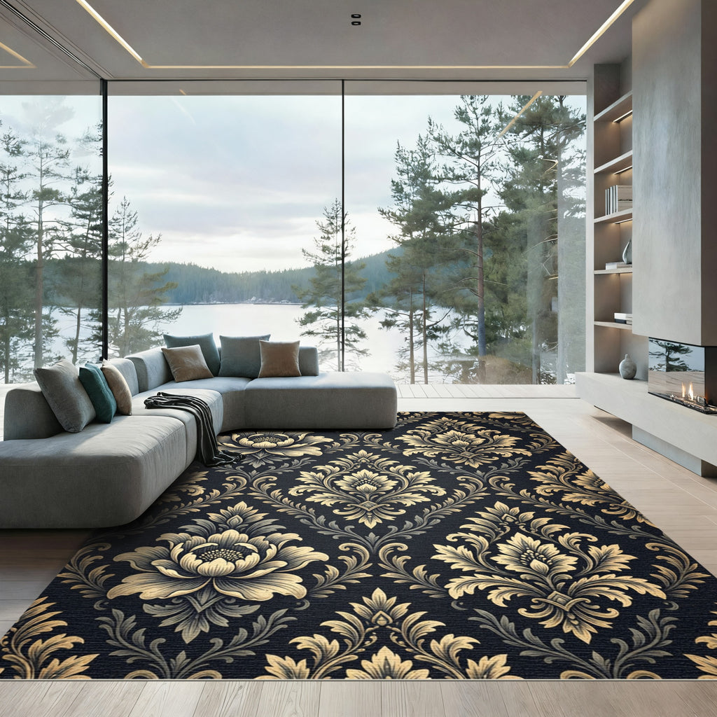 Golden Damask Floral Midnight Tapestry Rug