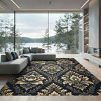 Golden Damask Floral Midnight Tapestry Rug