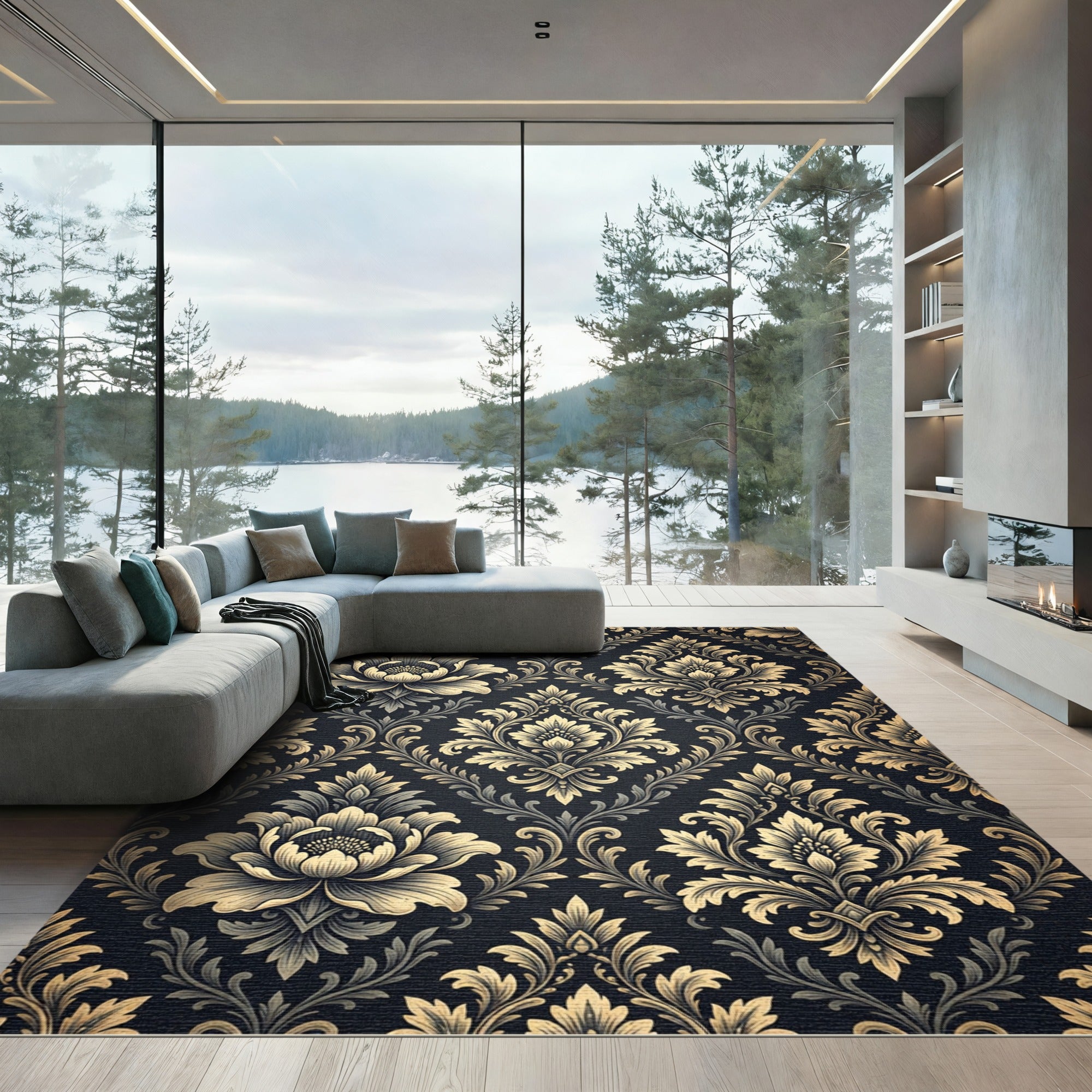 Golden Damask Floral Midnight Tapestry Rug