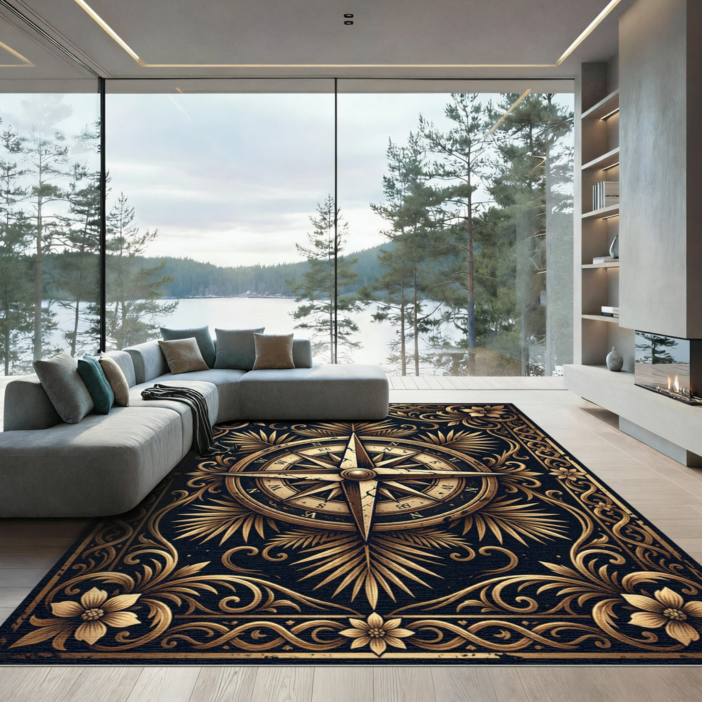 Gilded Nautical Compass Floral Scroll Rug