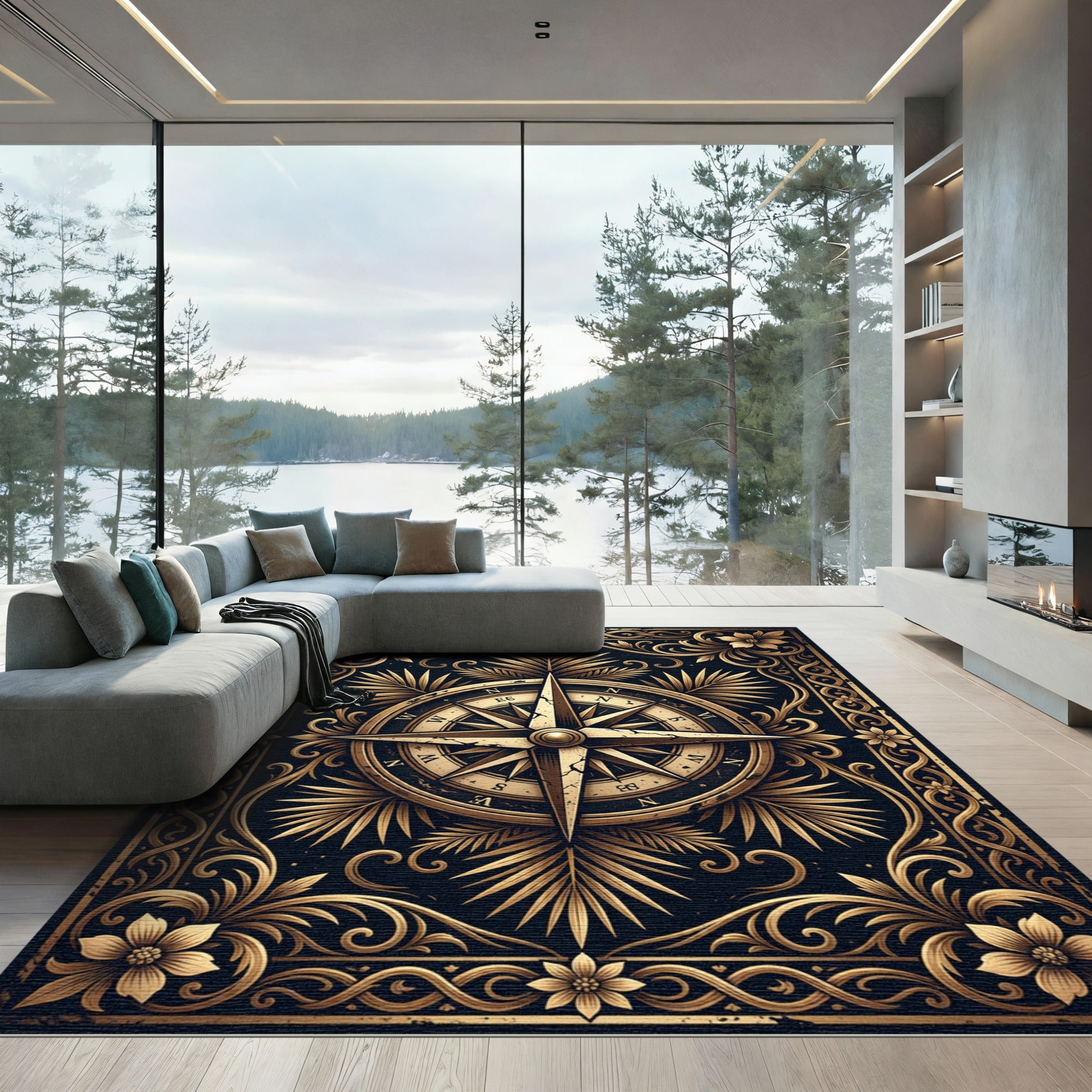 Gilded Nautical Compass Floral Scroll Rug