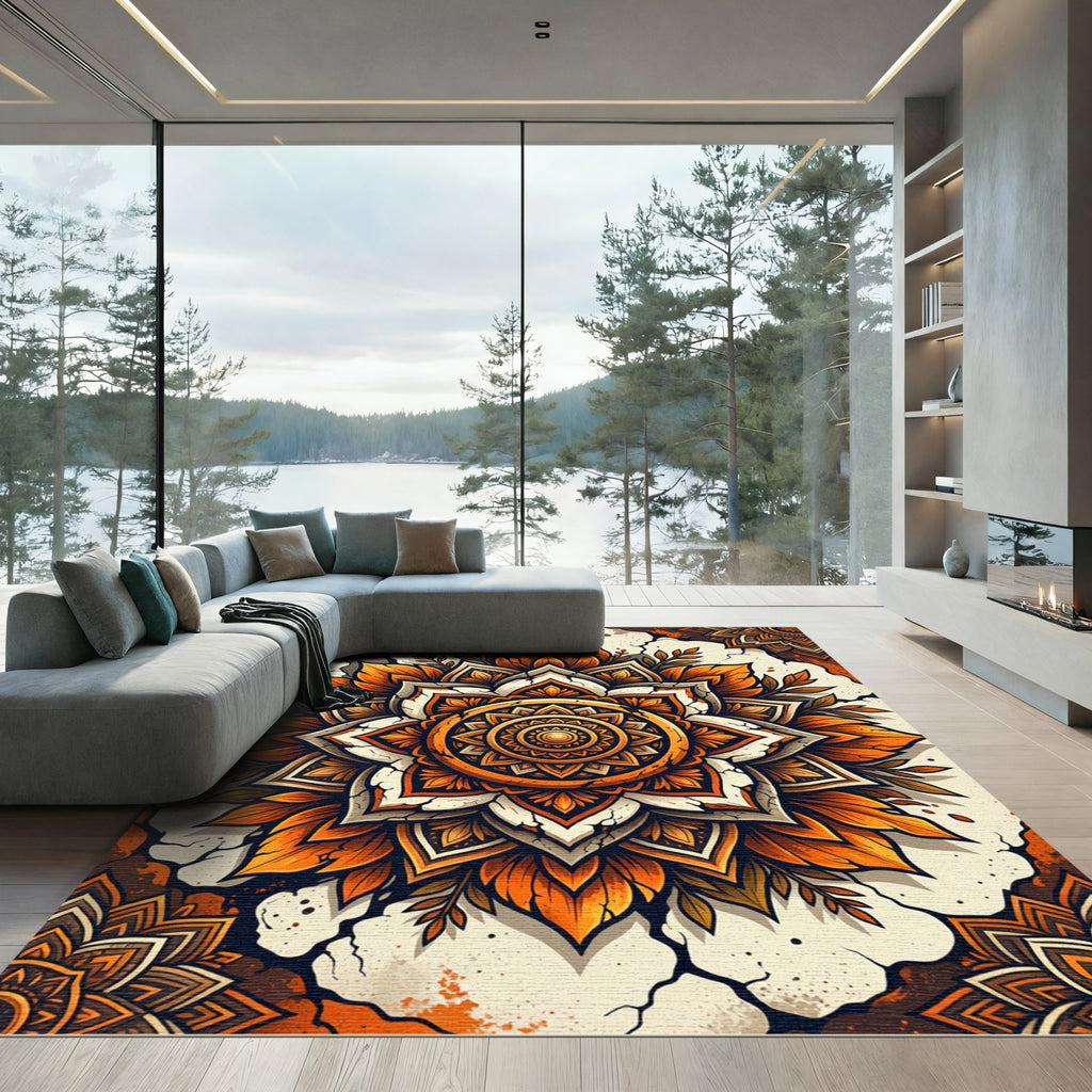 Golden Autumn Floral Mandala Rug