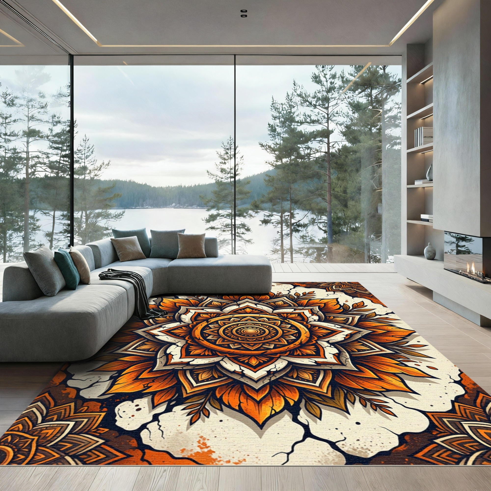 Golden Autumn Floral Mandala Rug