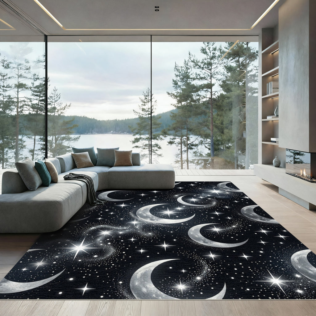 Celestial Silver Crescent Moon Starry Night Rug