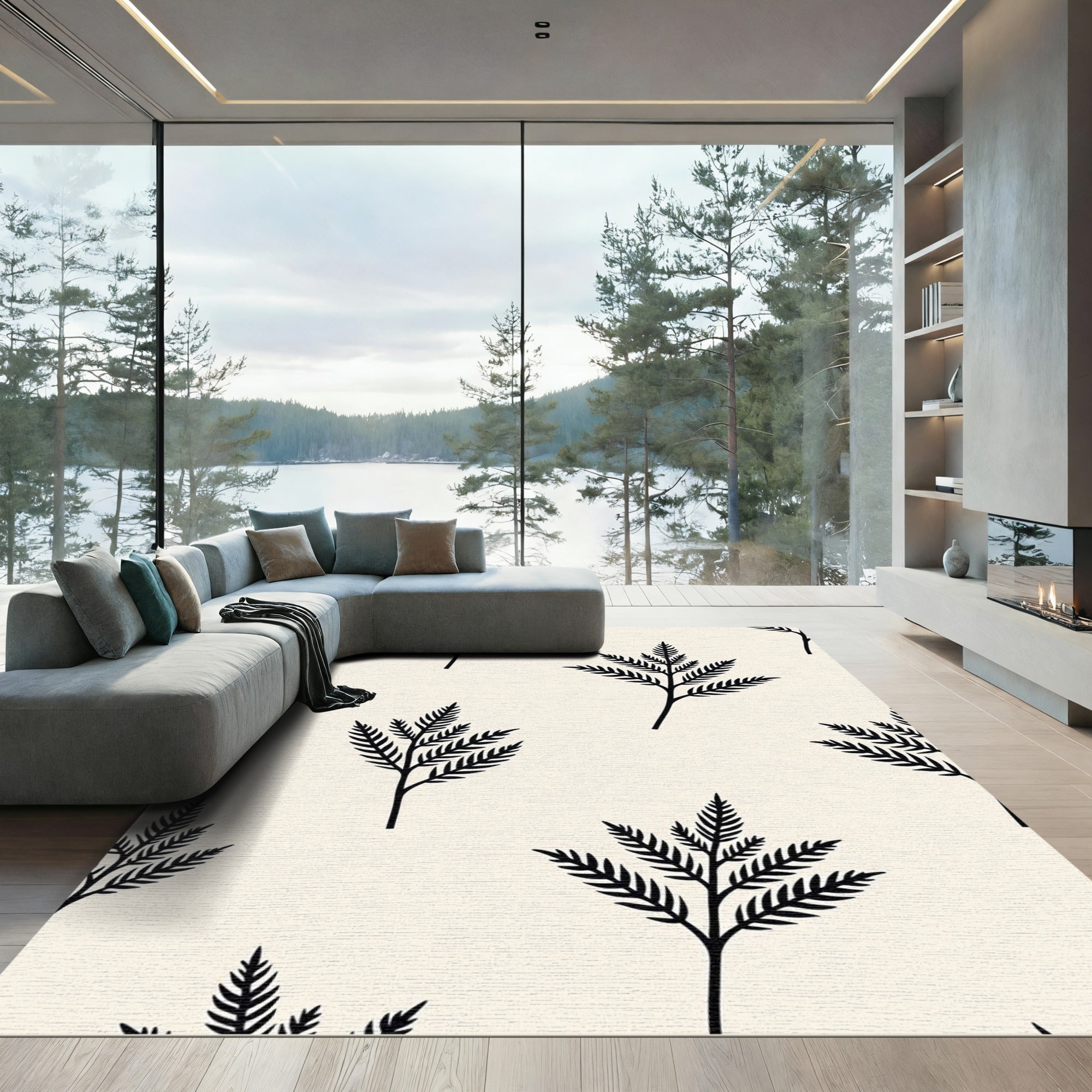 Black Fern Branches Neutral Ground Rug