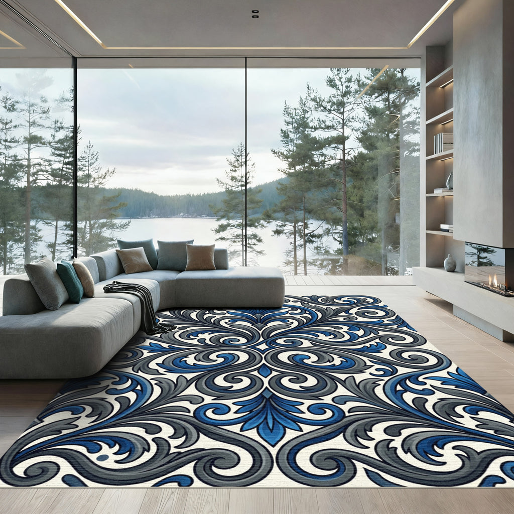 Elegant Navy and Gray Swirling Damask Rug