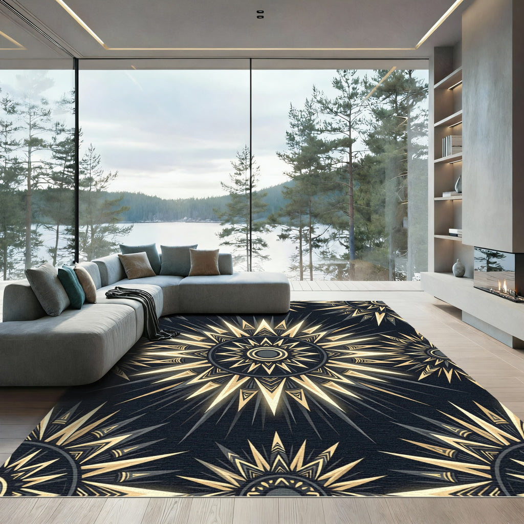Radiant Gold Sunburst Geometric Emblem Rug