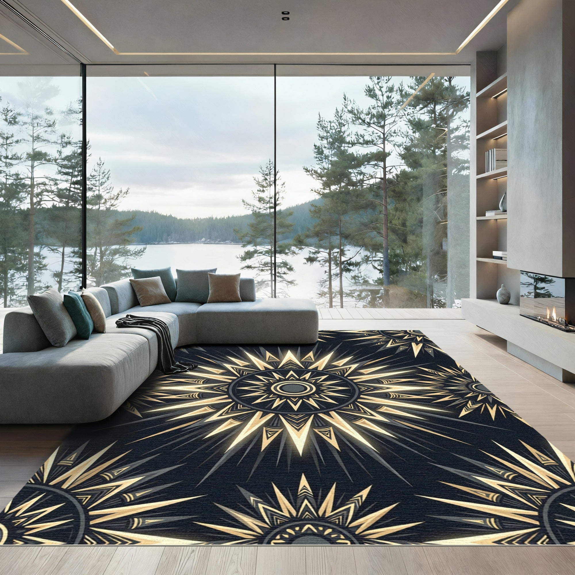 Radiant Gold Sunburst Geometric Emblem Rug