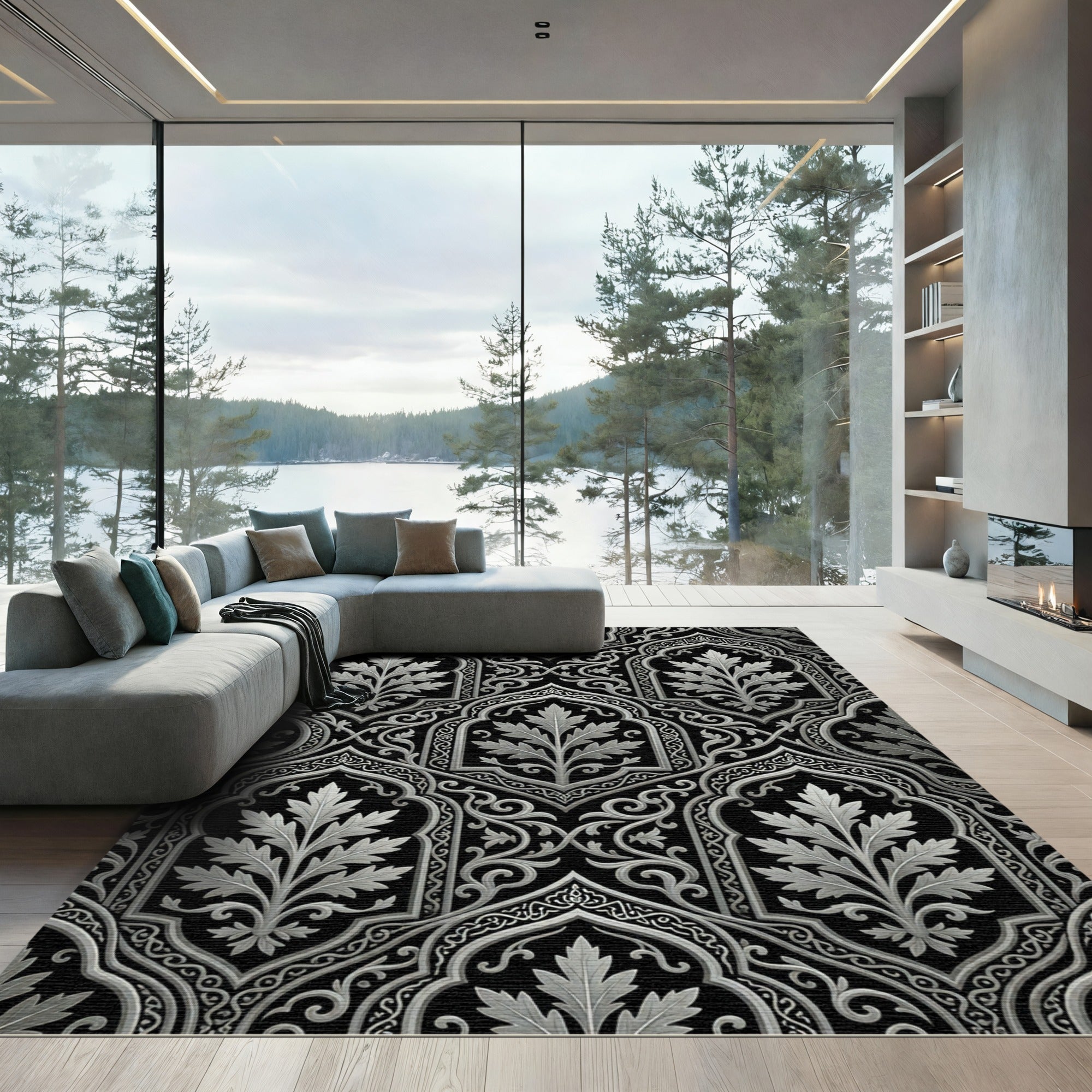 Black Silver Leaf Archway Medallion Rug
