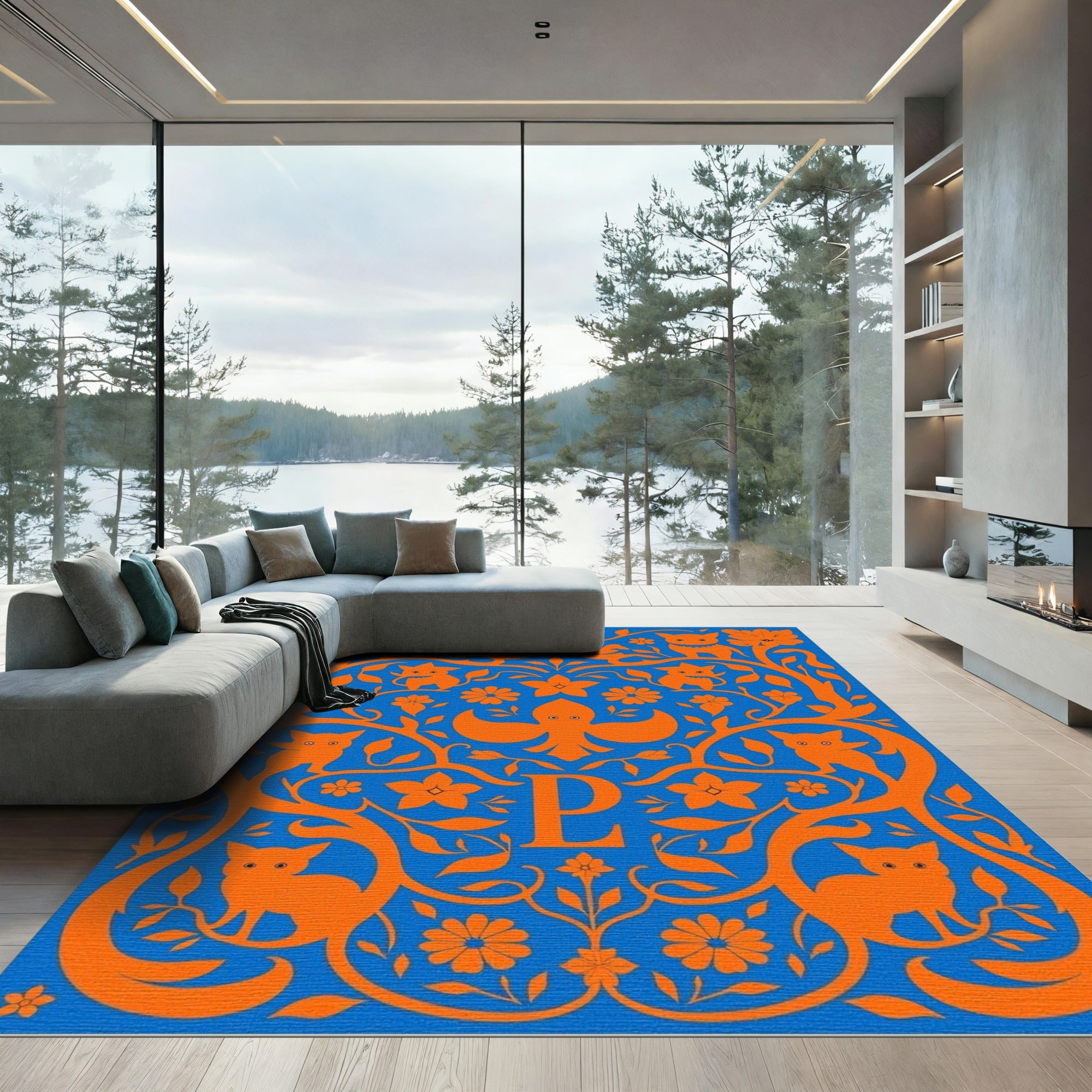 Orange Feline Floral Monogram Blue Rug