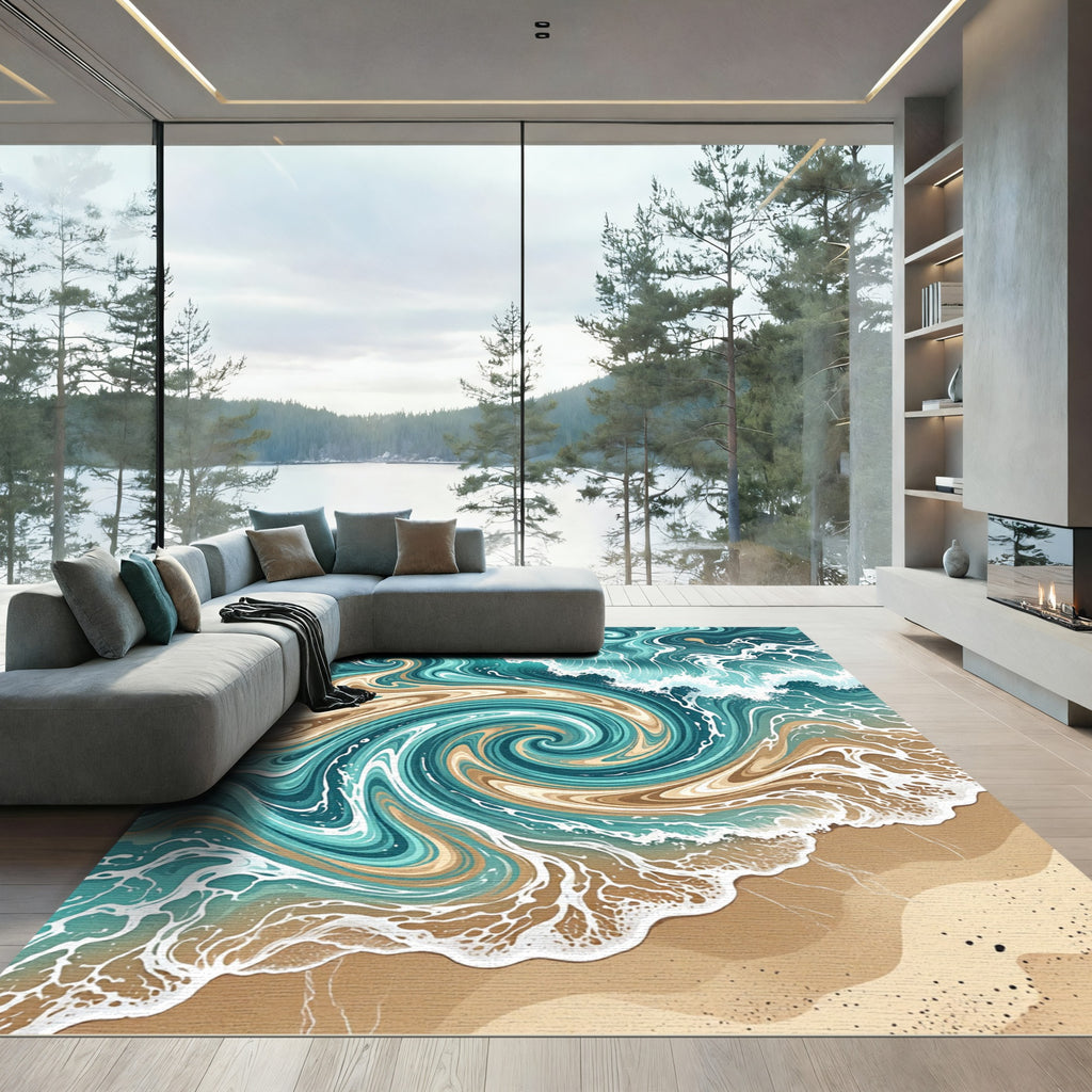 Swirling Turquoise Ocean Waves Coastal Area Rug