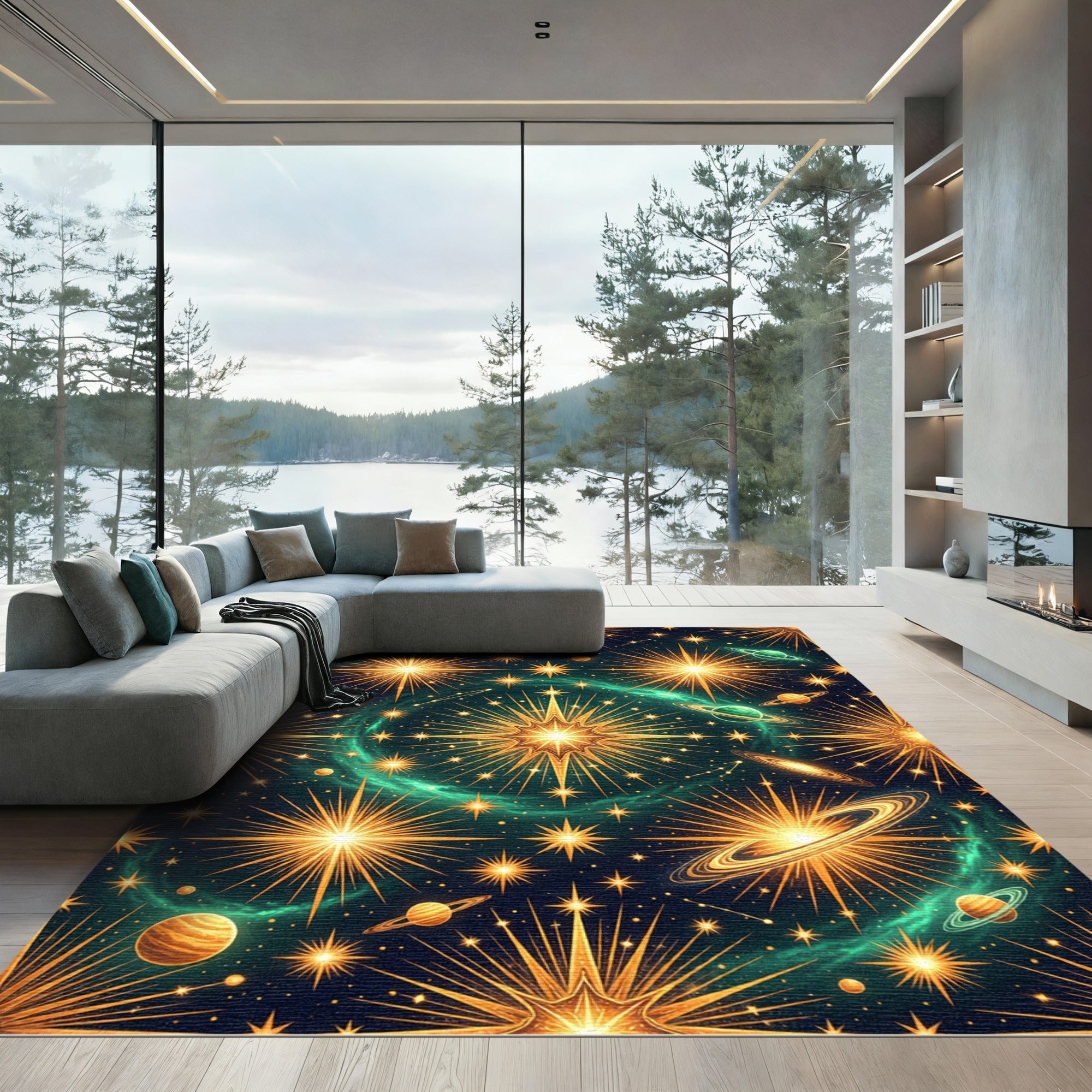 Celestial Golden Starry Galaxy Rug